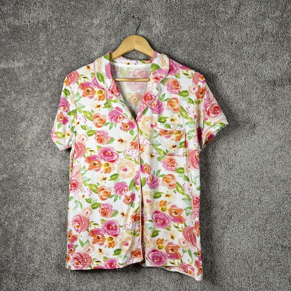 Tahari Sleepwear Top Womens Large Multicolor Floral Button Up Short Sleeve Shirt